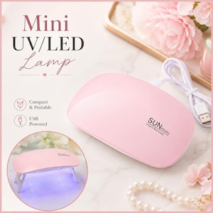 May include: A light pink, oval-shaped mini UV/LED lamp for nails with a white USB power cable. The device features the text SUNmini UVLED Nail Lamp on the top surface. A circular inset shows the lamp with its legs extended and blue light.