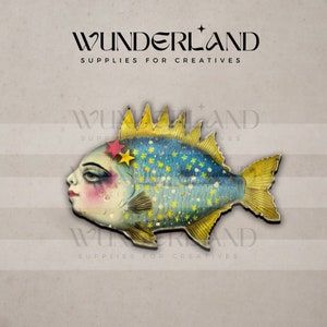 May include: A whimsical, vintage-style fish illustration with a human face, adorned with a golden crown and star accents. The fish features a blue body with yellow stars and a yellow tail. The text "WUNDERLAND SUPPLIES FOR CREATIVES" is at the top.