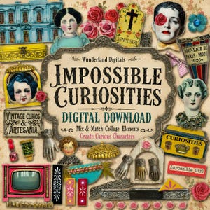 May include: A digital collage titled "Impossible Curiosities" with vintage-style elements. The design includes portraits, roses, a cross, a TV, hands, and text that reads "Vintage Curios & Artesania" and "Souvenir de Paris-Mode 1920s".
