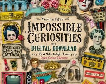 Puede incluir: Un collage digital titulado "Impossible Curiosities" con elementos de estilo vintage. El diseño incluye retratos, rosas, una cruz, un televisor, manos y texto que dice "Vintage Curios & Artesania" y "Souvenir de Paris-Mode 1920s".