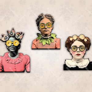 May include: Three digital illustrations of women wearing different styles of glasses. Each woman has a different hairstyle and is wearing a different outfit. The background is a light beige color.