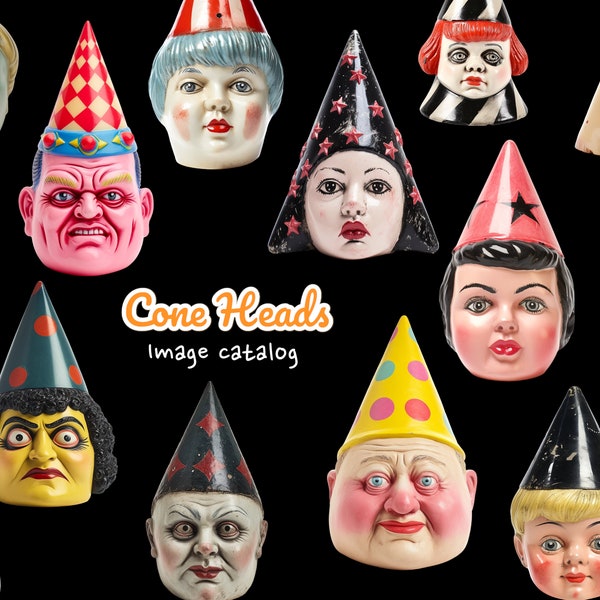 coneheads image catalog - printed doll heads with hats - laser wood cutouts, OVER 200 designs diy doll ornaments, brooch magnet, altered art