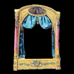May include: A vintage, ornate, yellow frame with a blue and gold curtain and a gold trim. The frame is decorated with floral details and has a blank space in the center.