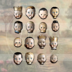 set of 16 Doll heads diy jewelry pins necklace wood cuts assemblage, mixed media art dolls, embellishments supplies, dollhouse miniatures