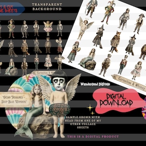 Puede incluir: Hoja de collage digital con ilustraciones vintage de figuras, incluyendo ángeles, sirenas y personajes disfrazados. La hoja incluye el texto "Print & Cut Collage Sheets" y "Digital Download". El fondo es transparente.