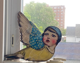 birdie surreal art supplies for jewelry, altered assemblages, junk journals image laser wood diecut diy layered brooch, shadow box