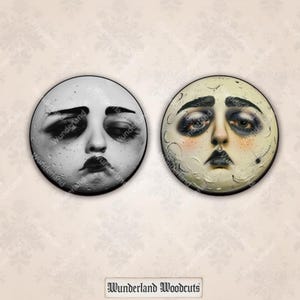 bizarre moody moon heads - face wood cutouts for ornaments, jewelry/earrings , brooch DIY art doll mixed media art embellishments supplies