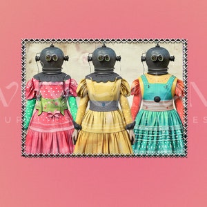May include: Three figures wearing vintage-style dresses and black diving helmets with goggles. The dresses are pink, yellow, and teal with white polka dots. The figures are framed in a black and white border.