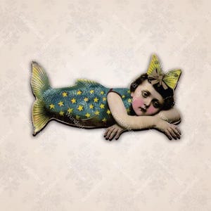 lazy mermaid girl - art supplies for jewelry, altered assemblages, junk journals wood diecut doll diy brooch, shadow box mixed media