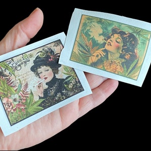 May include: Two vintage style postcards featuring women with a retro aesthetic. One postcard features a woman in a hat smoking a cigarette with a leafy background. The other postcard features a woman with long dark hair and a leafy background. Both postcards have a vintage aesthetic.