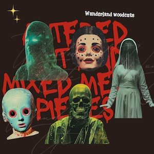 May include: A digital collage of five images with a red and white text overlay that reads "ALTERED MIXED PIECES" and "Wonderland woodcuts". The images include a green and blue digital face, a doll with a painted face, a skull with a green face, a blue face with large eyes, and a figure in a white gown with a veil.