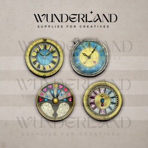 May include: Four decorative clock faces with different designs. The clocks have gold, silver, and bronze-colored frames. The clock faces feature Roman numerals, colorful gems, and intricate patterns. The text "WUNDERLAND SUPPLIES FOR CREATIVES" is at the top.