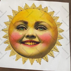 Happy sunshine face Fabric Panel - Sew/Glue-On Patch for clothing, Mixed Media altered Art, junk journal, art dolls, home decor pillow etc