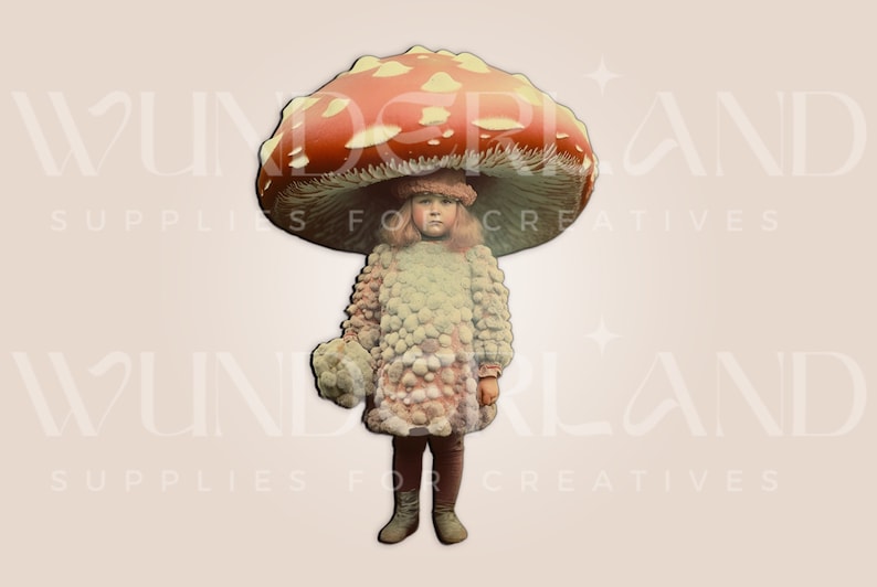May include: A young person wearing a white dress with a mushroom-shaped hat. The hat is red with white spots and the dress is covered in small white and pink balls.
