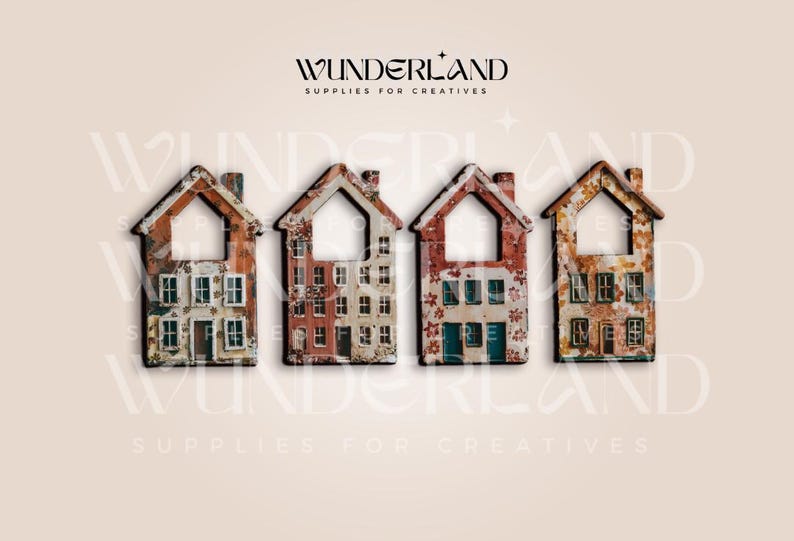 May include: Four miniature wooden houses with distressed paint and floral details. Each house has a different color scheme and window design. The houses are arranged in a row on a light beige background.