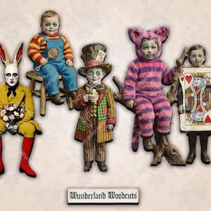 May include: A collection of vintage-style wooden cutouts depicting characters from Alice in Wonderland. The characters include the White Rabbit, a baby, the Mad Hatter, the Cheshire Cat, and the King of Hearts. The Wunderland Woodcuts logo is at the bottom.