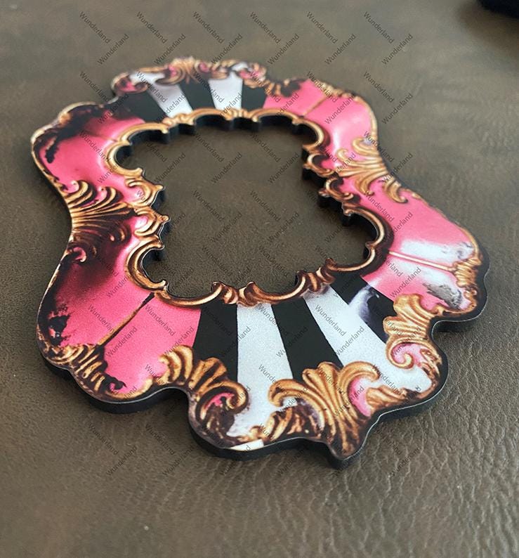 pink black white ornate circus-esque whimsical frame base background for layering wood cutouts, shadow box ornament, assemblage art fantasy
