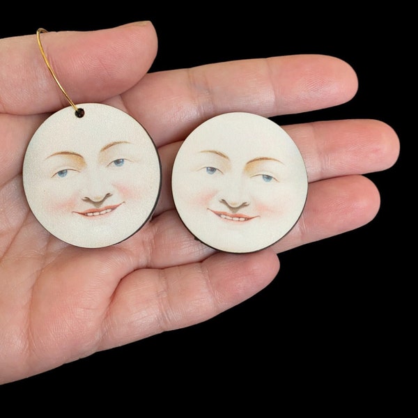 whimsical moon head - cute wood cutouts for ornaments, jewelry/earrings , brooch DIY art doll mixed media art embellishments supplies