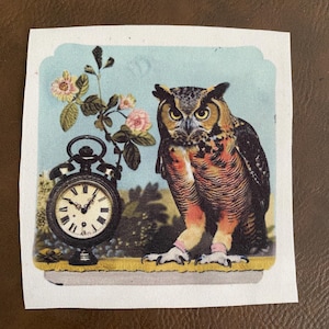 May include: A vintage-style fabric patch featuring a brown and orange owl with pink feet standing next to a black pocket watch with Roman numerals. The background is a light blue with a pink flower.
