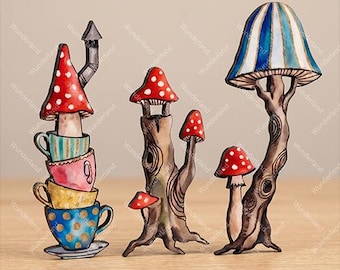 Mushroom house Wood Diecuts - Altered Art, Junk Journal (Set of 3)
