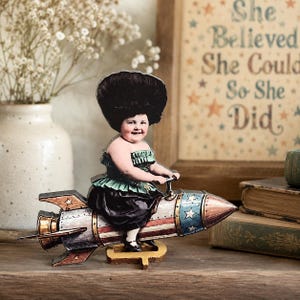 big hair rocket girl wood diecut - whimsical supplies for jewelry, altered art assemblages, junk journals and more