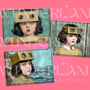 May include: Three vintage-style photographs of children wearing homemade cardboard goggles. The first photo shows a girl with short dark hair wearing a cardboard box with two holes cut out for eyes. The second photo shows a girl with short dark hair wearing a pair of goggles made from a cardboard box with two lenses. The third photo shows a girl with short dark hair wearing a pair of goggles made from a cardboard box with two lenses. The background of each photo is a different color.