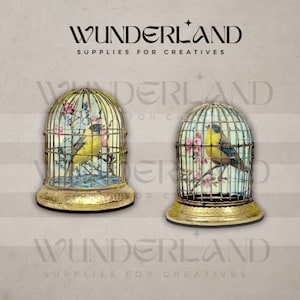 pair of whimsical bird cages - supplies for jewelry, altered art assemblages, junk journals laser wood diecut diy layered brooch, shadow box