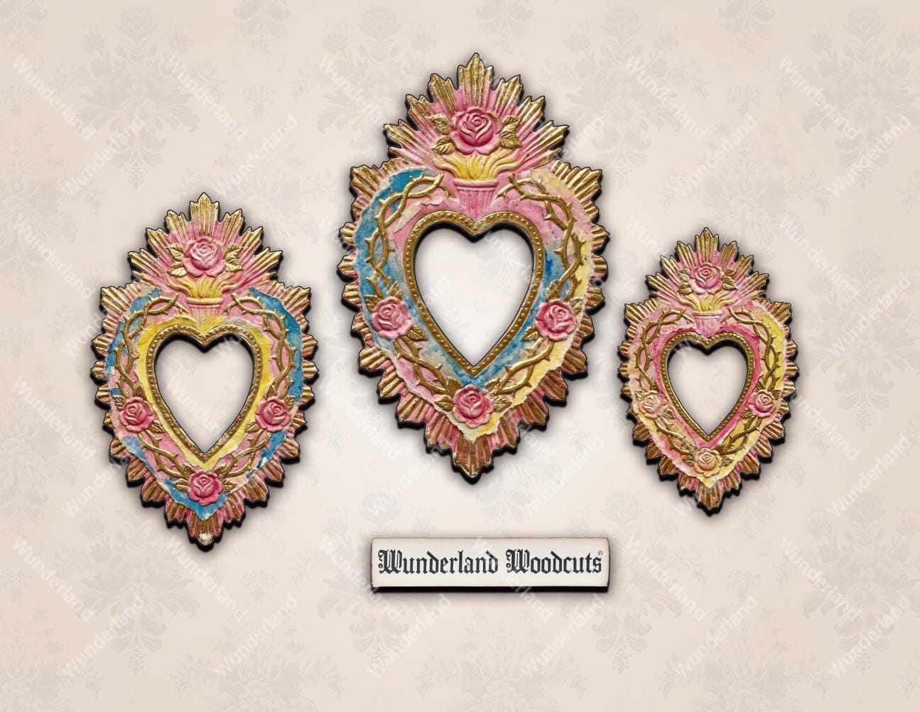 Set of 3 Sacred Heart Frame Diecuts - Wood - Altered Art/mixed