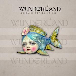 May include: A vintage-style illustration of a blue and gold fish with a human face and a pink flower on its head. The fish is on a white background with the text "WUNDERLAND SUPPLIES FOR CREATIVES" repeated in black.