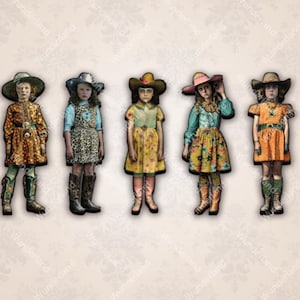May include: Five girls wearing cowboy hats and dresses. The girls are standing in a row, and they are all looking at the camera. The girls are wearing different colored dresses, and they all have different colored hats. The background is a light brown color.