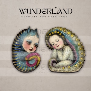 May include: Two whimsical ceramic figurines of children, one in a blue and gold seahorse-like shell and the other in a white and gold star-shaped shell. Both figurines have painted details and expressive faces.