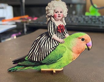 Girl on Parrot - Printed Wood Cutout, Gothic Craft Embellishment for Makers