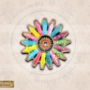 kitschy retro colorful circus spiked wheel wood cutout, layering background, ornament, assemblage, mixed media art embellishment supplies