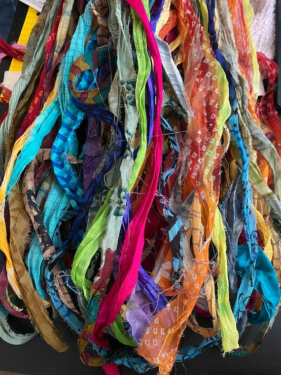 Sari silk ribbon strips/ raw edge saree lots/ dreamcatcher/tassels/ weaving  SL15