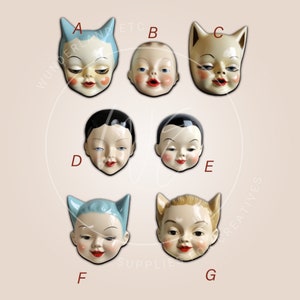 cat baby doll head cutouts for altered art/mixed media, vintage doll woodcuts, jewelry, pins assemblage art, embellishments supplies