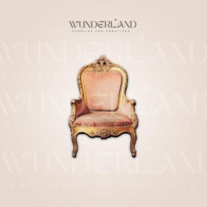 May include: A gold and pink ornate chair with a carved wooden frame and a plush pink cushion. The chair has a high back and a decorative design.