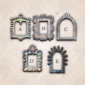 May include: Five ornate metal picture frames in different styles. The frames are labeled A, B, C, D, and E.