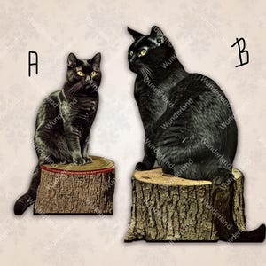 black cat on a tree stump ephemera art supplies for jewelry, altered altar assemblage, junk journal wood brooch shadow box mixed media