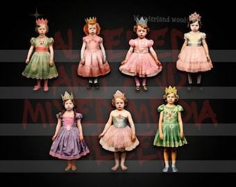 mini princess doll character cutouts for altered art/mixed media, miniature dollhouse, assemblage, diorama, junk journal collage laser wood