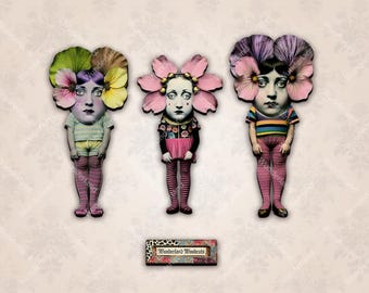 3 flower girls miniature character cutouts for altered art/mixed media, doll woodcuts, vintage  assemblage, junk journal collage