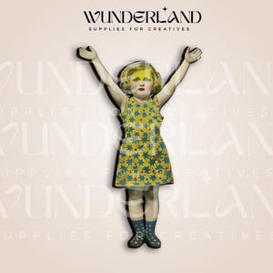 May include: A vintage-style illustration of a young girl with blonde hair wearing a yellow and blue star-patterned dress and blue shoes. The girl is standing with her arms raised above her head. The background is a light beige color.