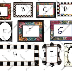 May include: Ten different picture frames with various designs and colors. The frames are labeled with letters A through J.