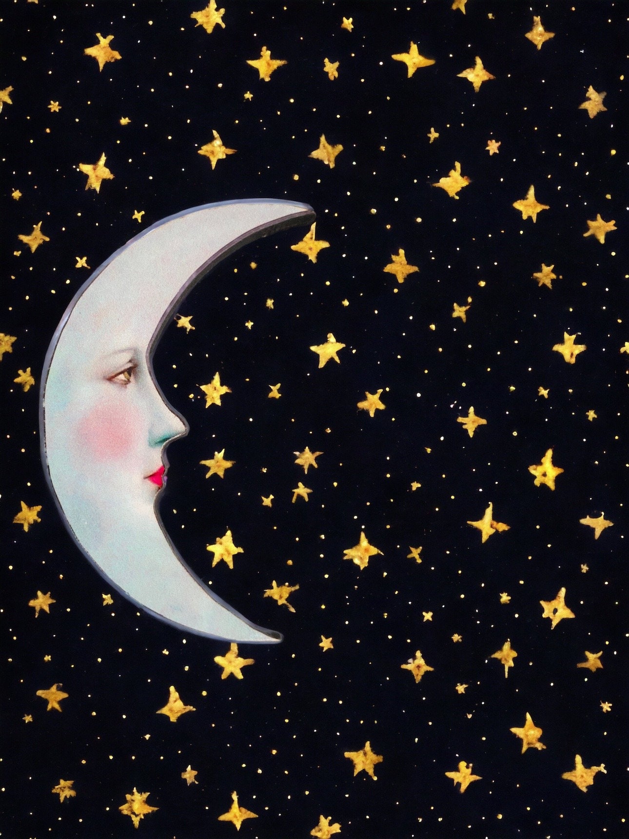 whimsical lady in the moon printed wood cutouts for jewelry/earrings - fantasy assemblage mixed media art dolls, embellishments supplies