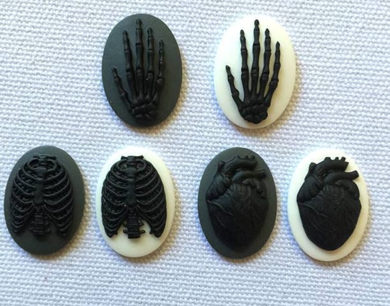 May include: Six black and white oval-shaped buttons with anatomical images. The images include a rib cage, a heart, and a hand.