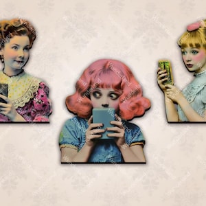 May include: Three vintage-style portraits of women with pink, blonde, and brown hair. Each woman is holding a smartphone and looking at the screen. The portraits are set against a white background.