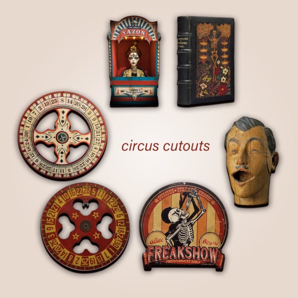 creepy circus freakshow cutouts diy jewelry pins necklace wood cuts assemblage art, mixed media art dolls, embellishments supplies art parts