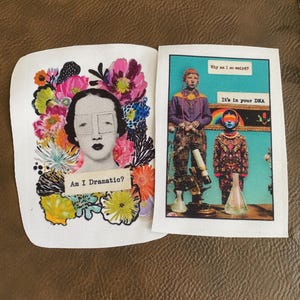 May include: Two fabric patches with colorful art prints. One features a woman's face with the text "Am I Dramatic?" surrounded by flowers. The other shows two figures with the text "Why am I so weird?" and "It's in your DNA".