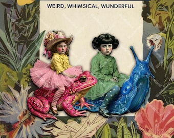 girl on slug or frog - supplies for altered assemblages, junk journals - wood diecut diy brooch, shadow box mixed media