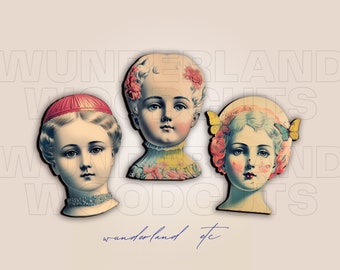creepy but cute doll head cutouts for altered art/mixed media, vintage doll woodcuts, jewelry, pins assemblage art, embellishments supplies