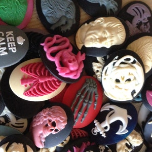 May include: A collection of 18 vintage-style cameo pendants with various designs, including anatomical hearts, skeletons, skulls, and a mermaid. The pendants are made of white and black resin and have a glossy finish.